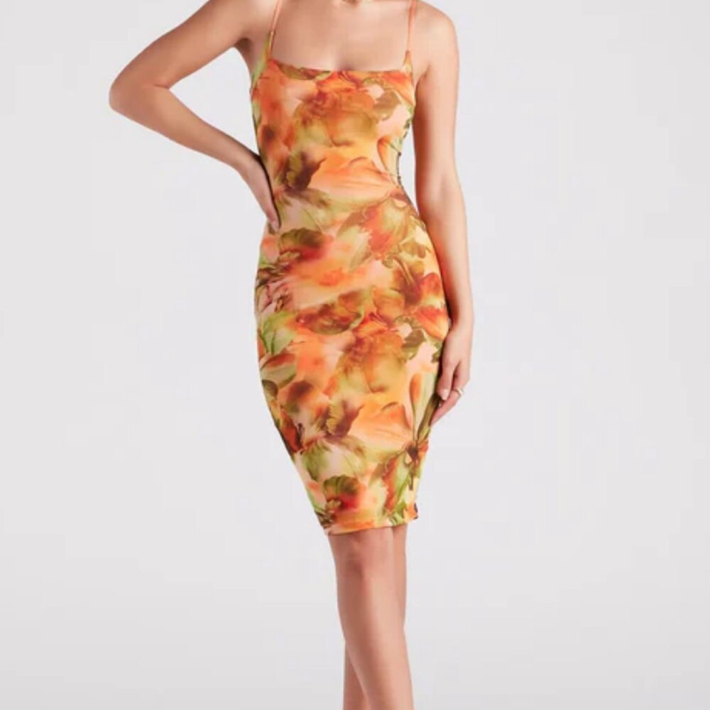 Orange Tropical Floral Midi Dress | Size Medium